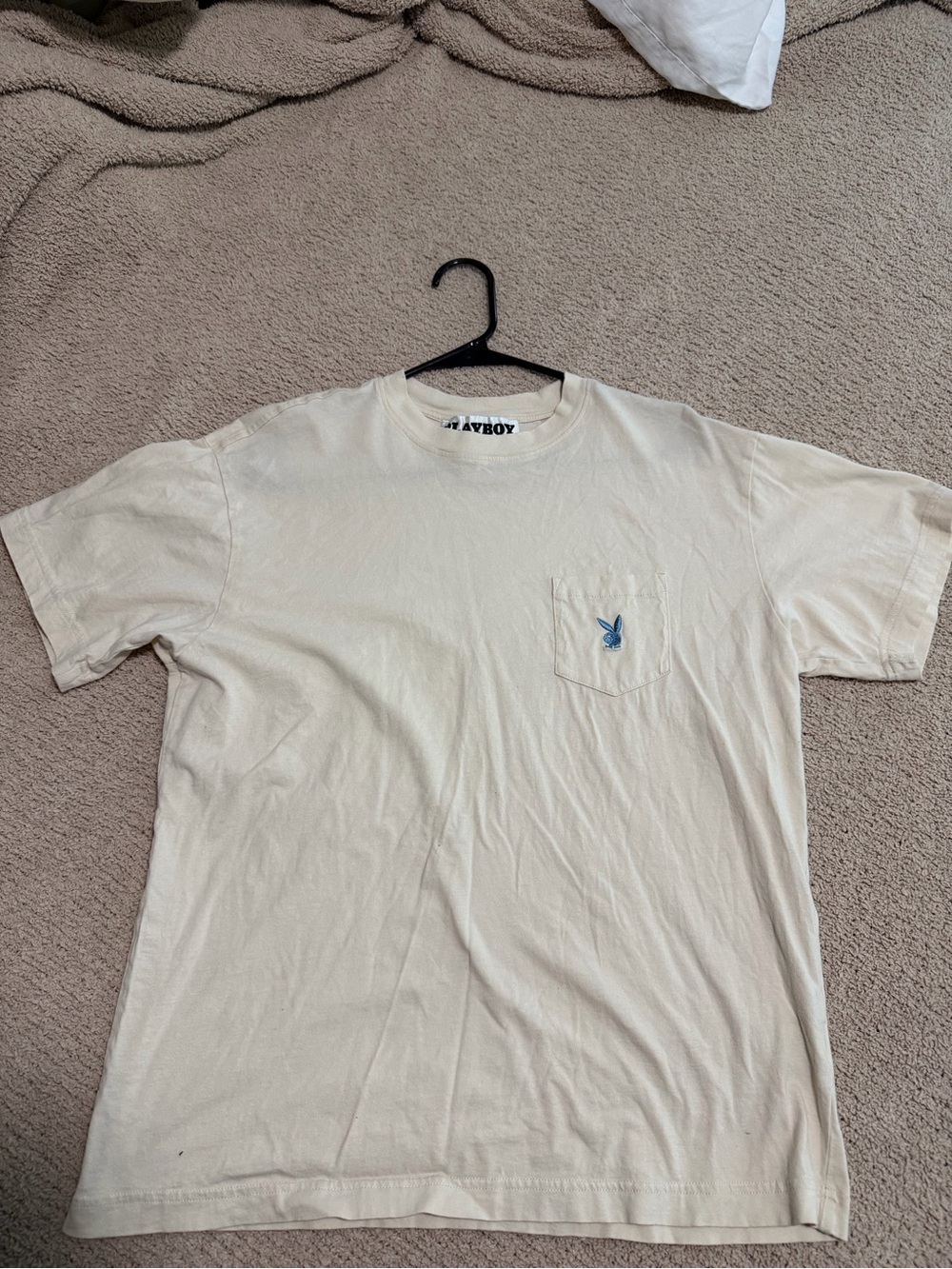 PLAYBOY Cream Short Sleeve Pocket Tee with Blue Bunny